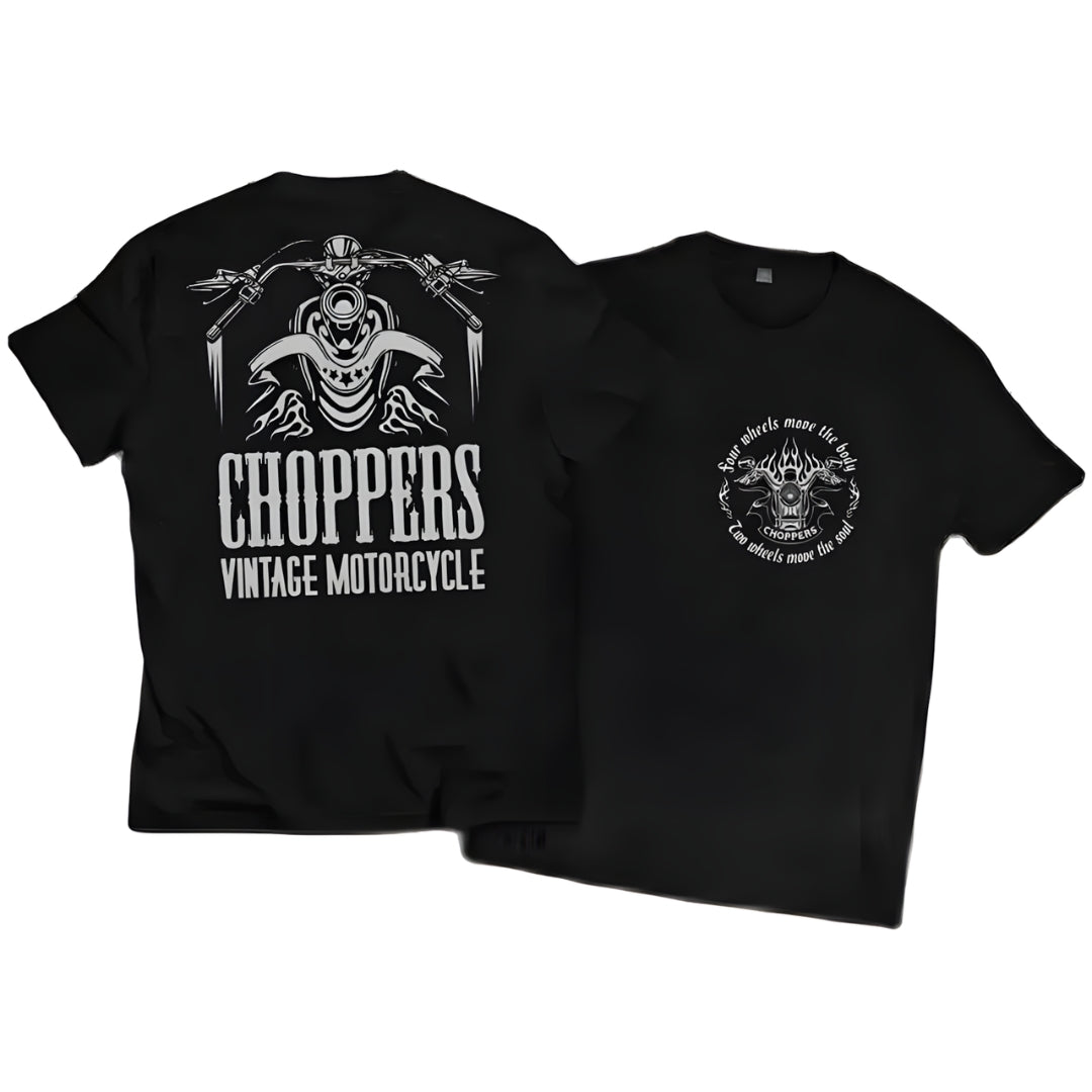 Black unisex cotton T-shirt with back CHOPPERS VINTAGE MOTORCYCLE graphic; front emblem on Tampa Home & Garden Store