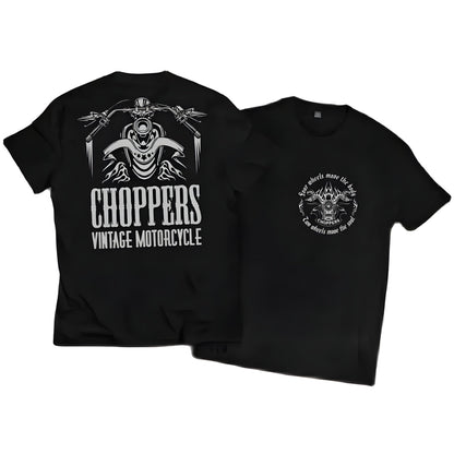 Black unisex cotton T-shirt with back CHOPPERS VINTAGE MOTORCYCLE graphic; front emblem on Tampa Home & Garden Store