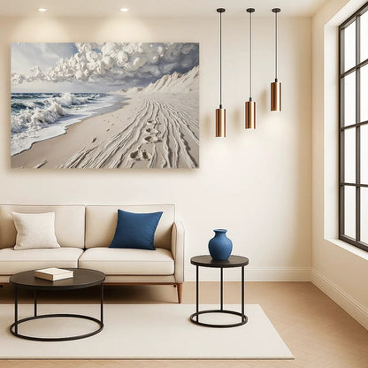 Footprints in the Sand Wall Art canvas by Tailored Canvases, beige beach scene with footprints and clouds on Tampa Home & Garden Store