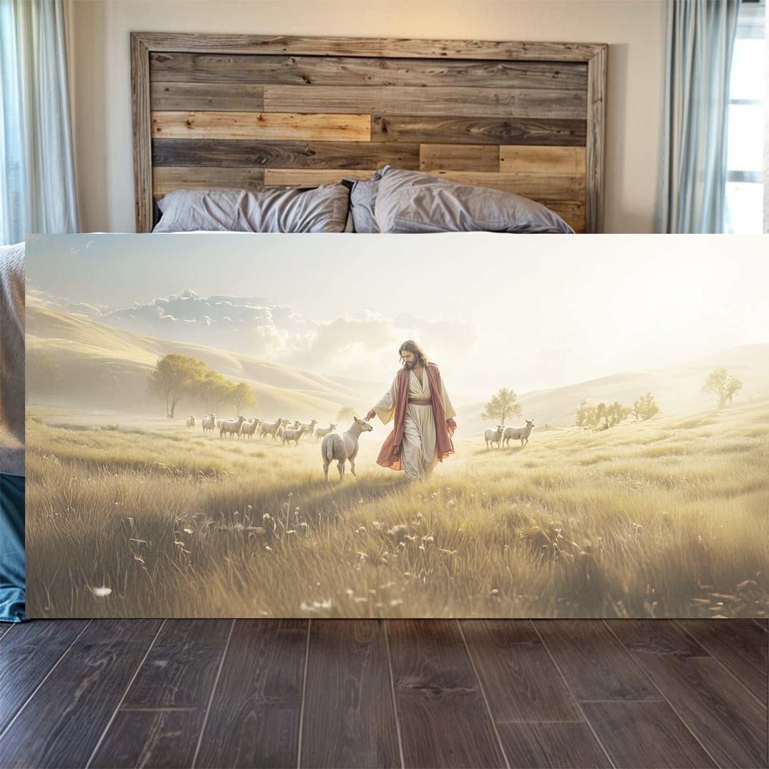 Canvas 99 Faith Wall Art V by Tailored Canvases, biblical scene of Jesus with sheep in a sunlit field on Tampa Home & Garden Store