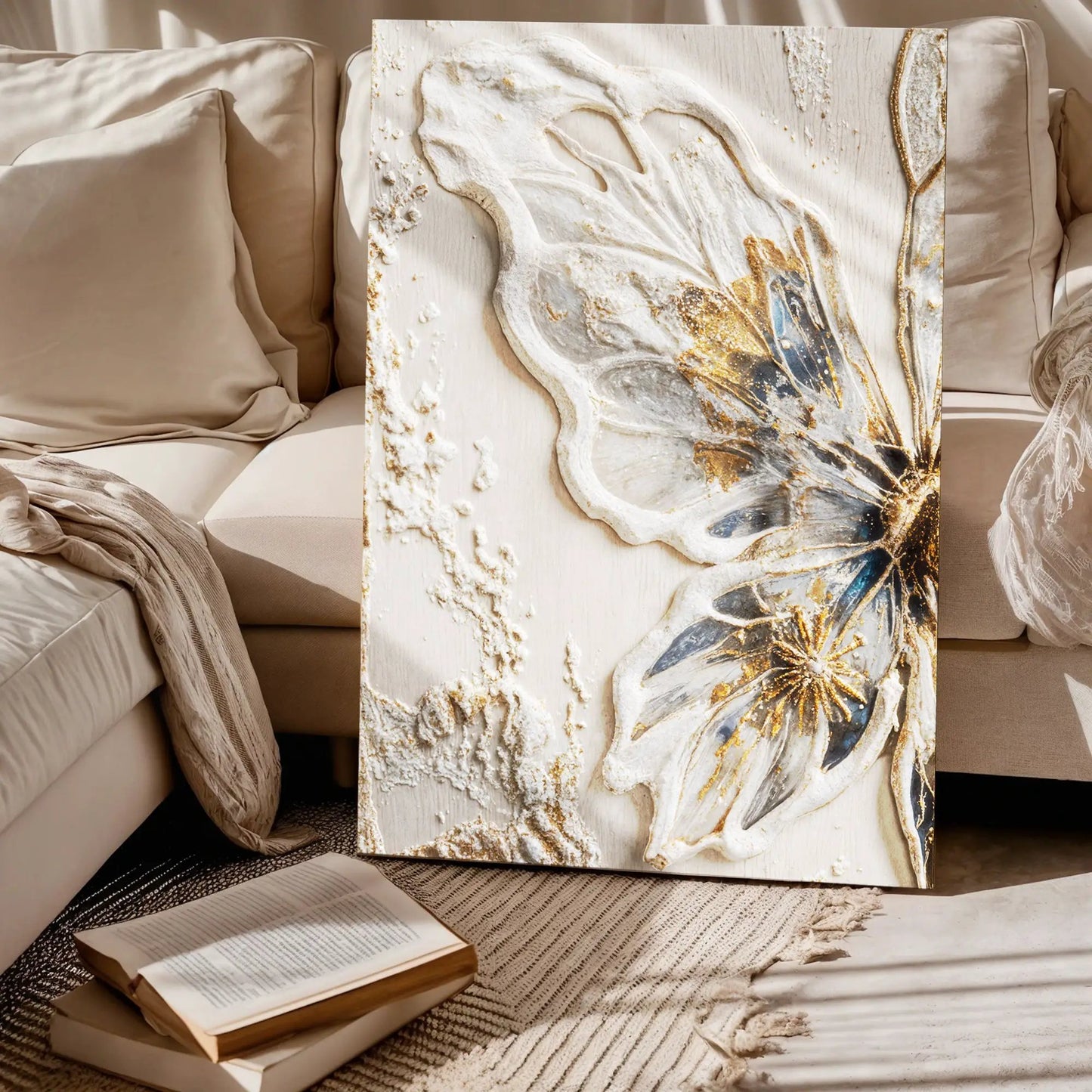 Half Butterfly Wall Art canvas by Tailored Canvases; white butterfly relief on light wood on Tampa Home & Garden Store