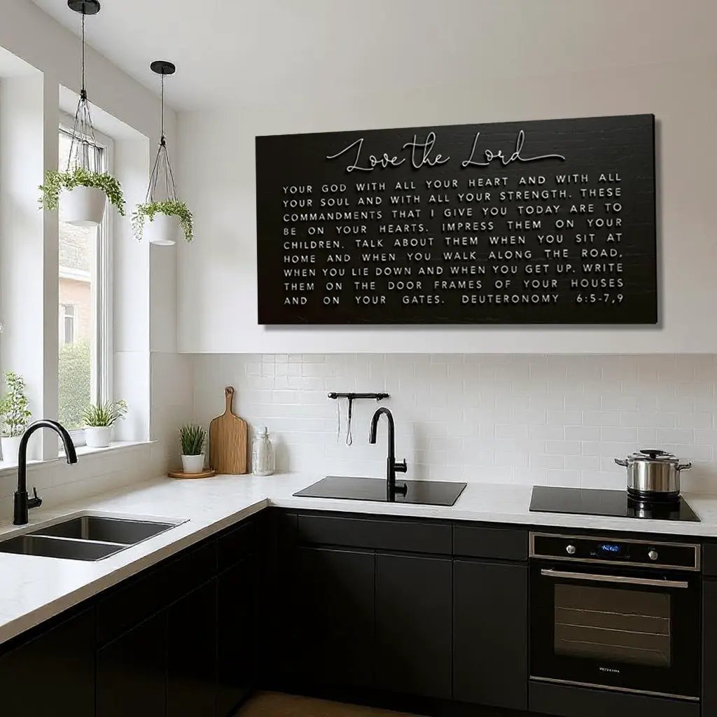 Love The Lord Your God Deuteronomy 6:5-9 faith sign canvas black scripture art for kitchen on Tampa Home & Garden Store