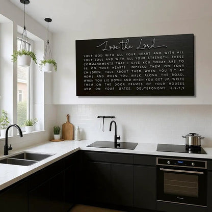 Love The Lord Your God Deuteronomy 6:5-9 faith sign canvas black scripture art for kitchen on Tampa Home & Garden Store