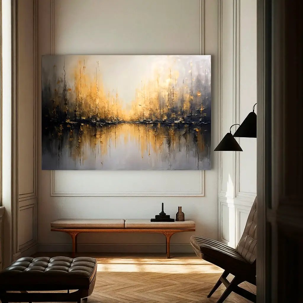 Golden Reflections abstract wall art canvas in gold and navy tones by Tailored Canvases on Tampa Home & Garden Store