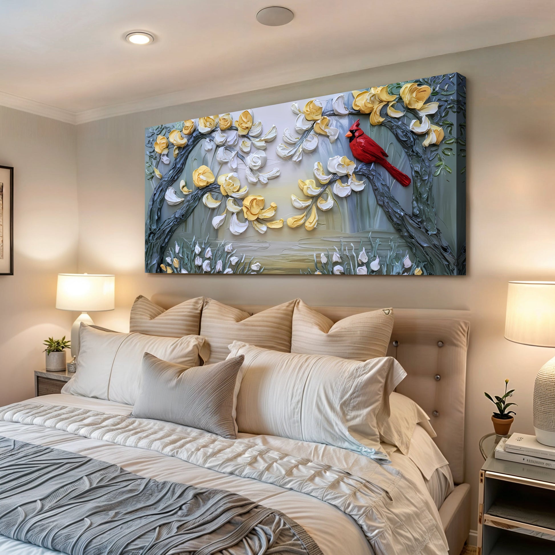Canvas: Golden Petals and Scarlet Wings Wall Art with yellow petals and a red cardinal on blue on Tampa Home & Garden Store