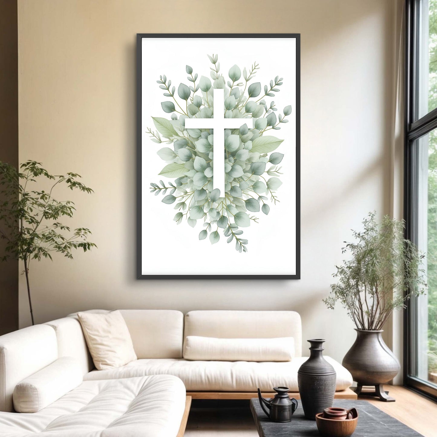 Minimalist Cross Faith Canvas by Tailored Canvases with eucalyptus leaves in a black frame on Tampa Home & Garden Store