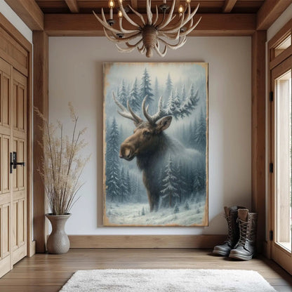 Snowy Forest Moose Double Exposure Wall Art canvas by Tailored Canvases with moose amid pines on Tampa Home & Garden Store