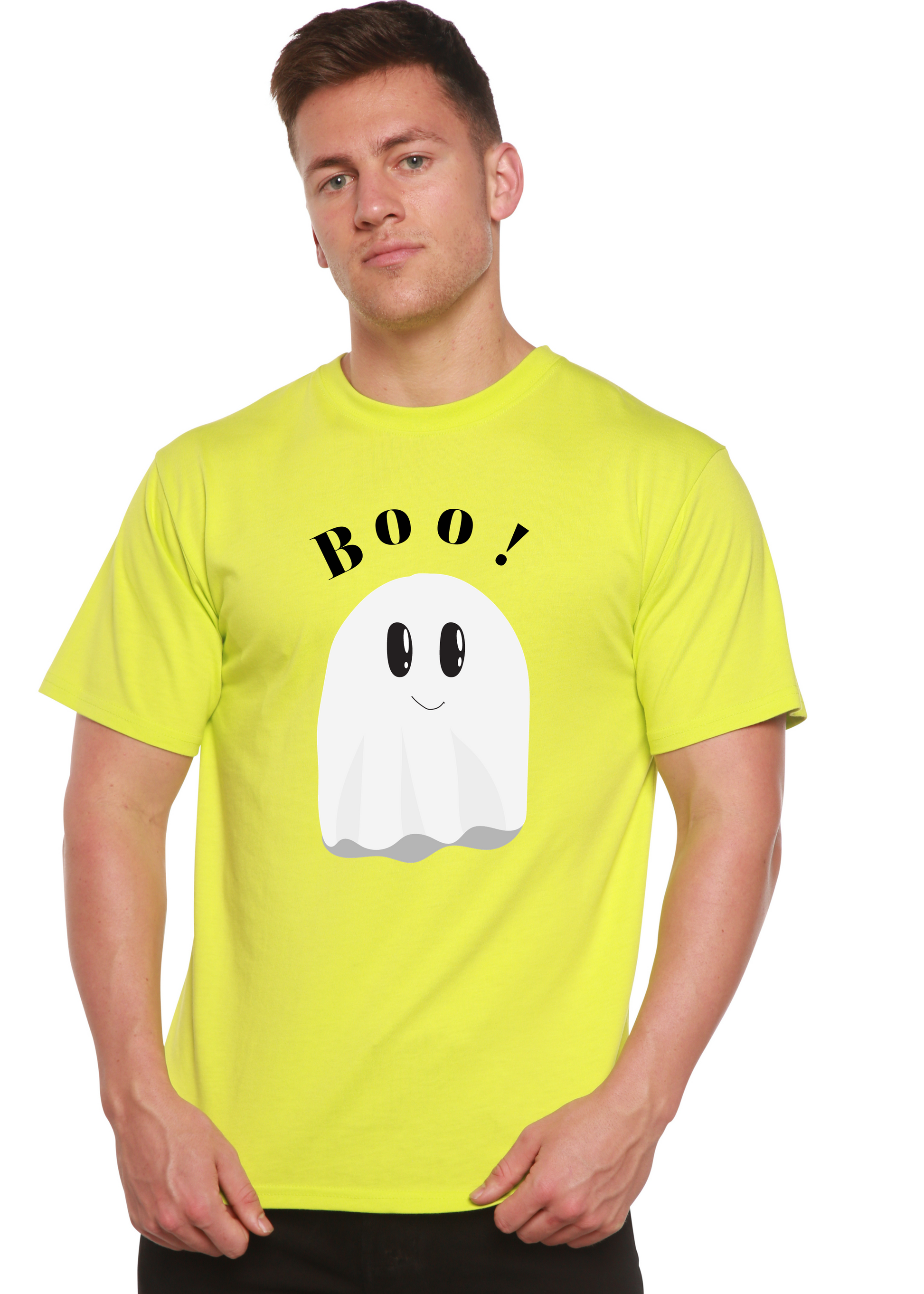 Boo men's graphic T-shirt neon yellow with ghost design; Spun Bamboo viscose/organic cotton short sleeve on Tampa Home & Garden Store