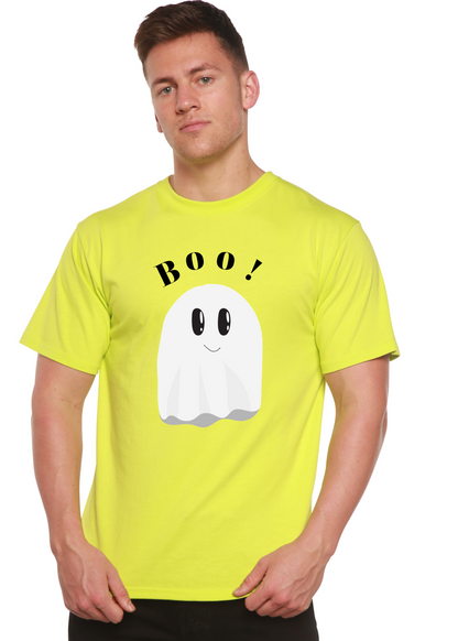 Boo men's graphic T-shirt neon yellow with ghost design; Spun Bamboo viscose/organic cotton short sleeve on Tampa Home & Garden Store