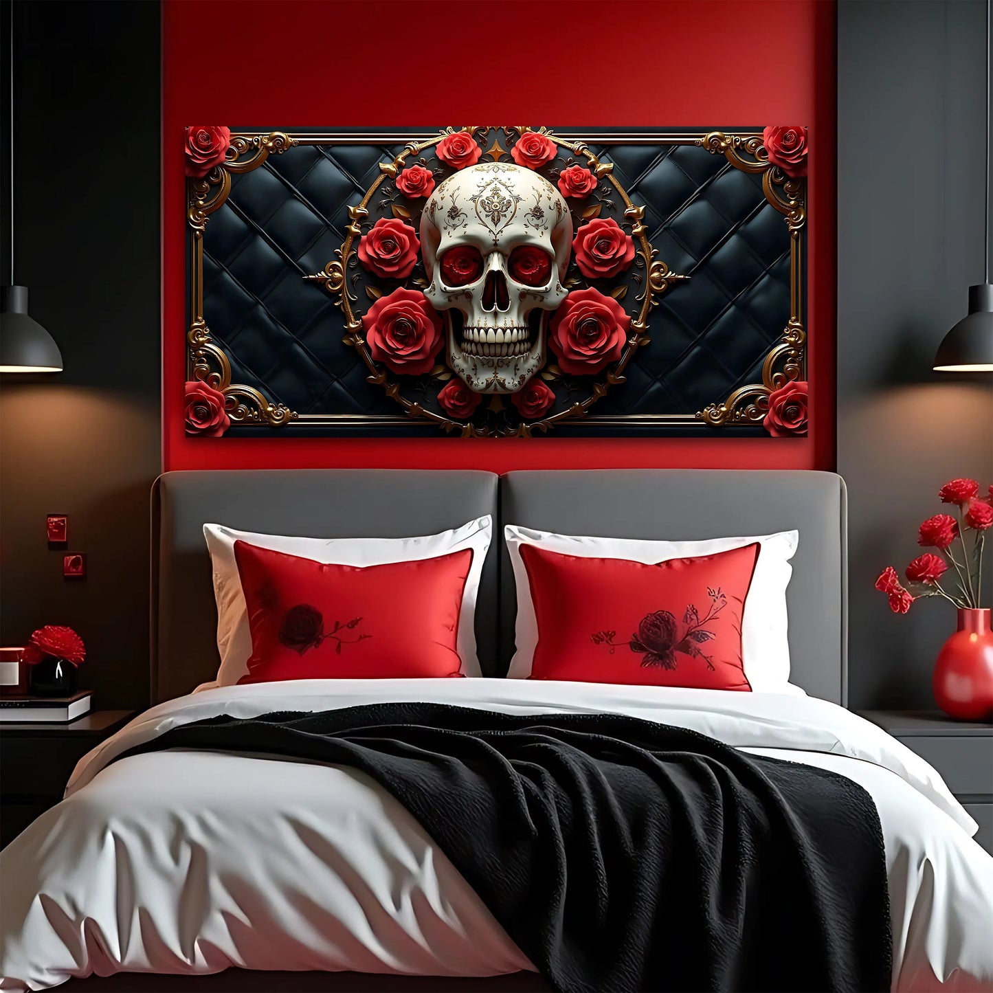 3D Rose and Skull Wall Art VII canvas by Tailored Canvases; ornate gold frame with skull and red roses on Tampa Home & Garden Store