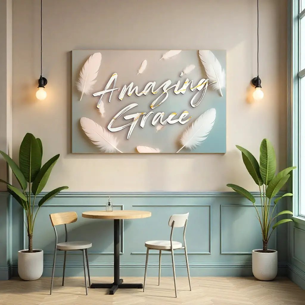 Amazing Grace Faith Wall Sign crafting canvas by Tailored Canvases in pastel blue with white feathers on Tampa Home & Garden Store