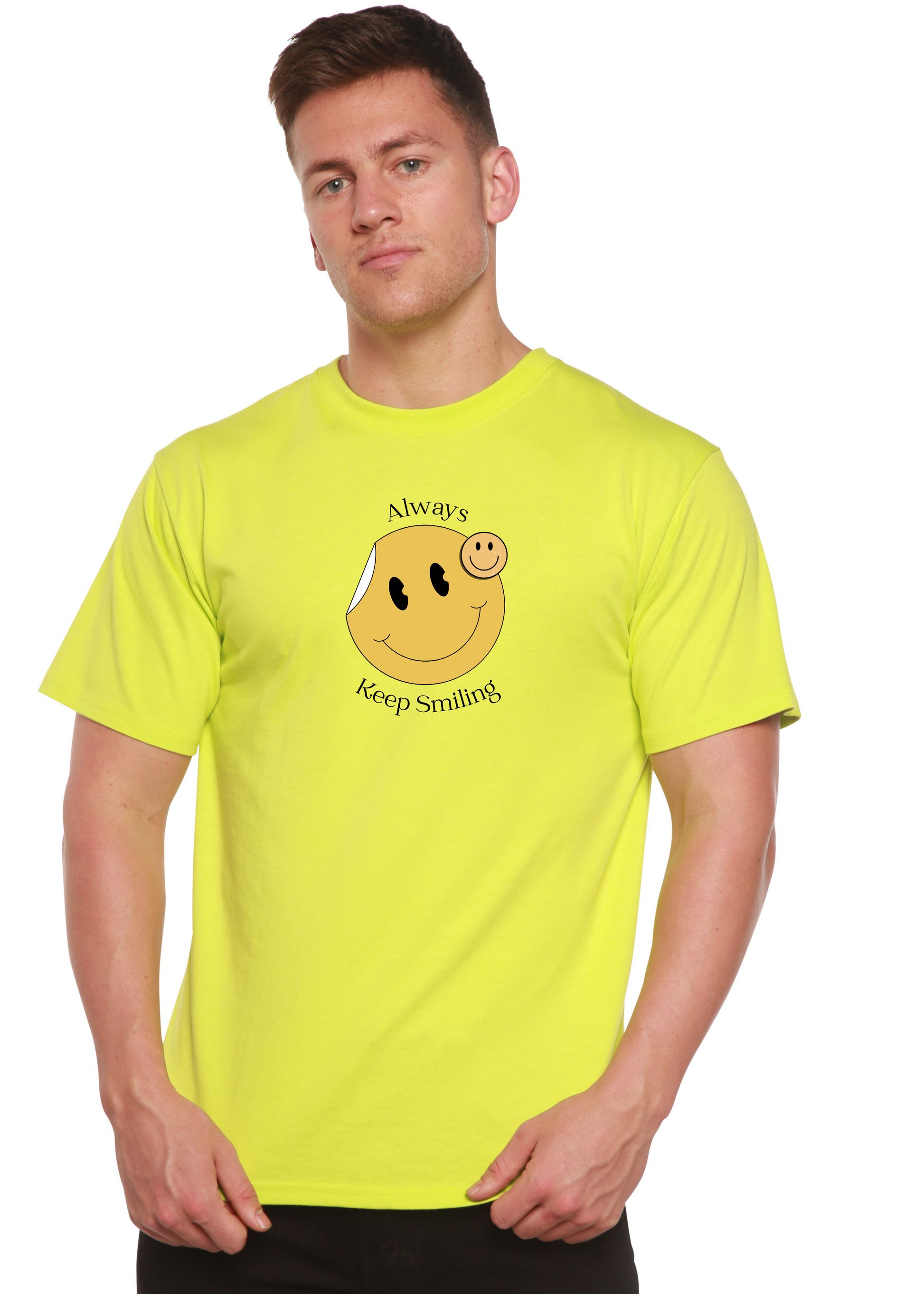 Men's neon lime graphic T-shirt with large smiley and Always Keep Smiling text short sleeves on Tampa Home & Garden Store