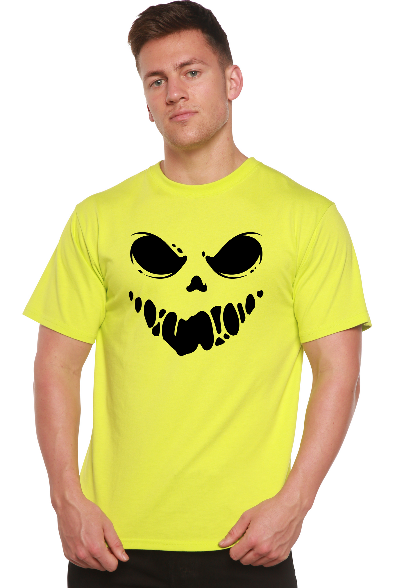Halloween Boo men's neon yellow bamboo viscose/organic cotton graphic T-shirt with skull on Tampa Home & Garden Store