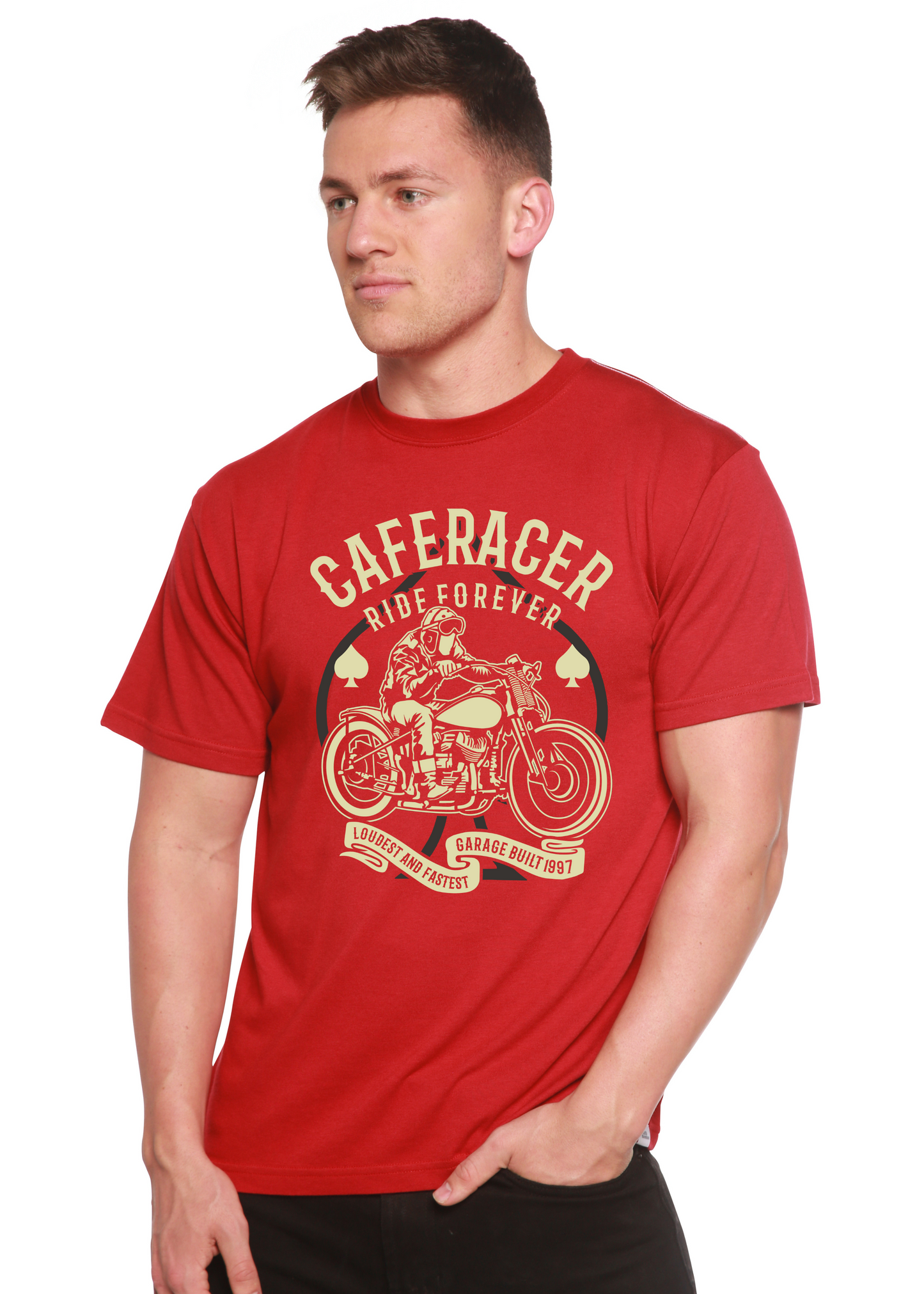Caferacer men's red bamboo viscose/organic cotton graphic tee by Spun Bamboo with motorcycle art on Tampa Home & Garden Store
