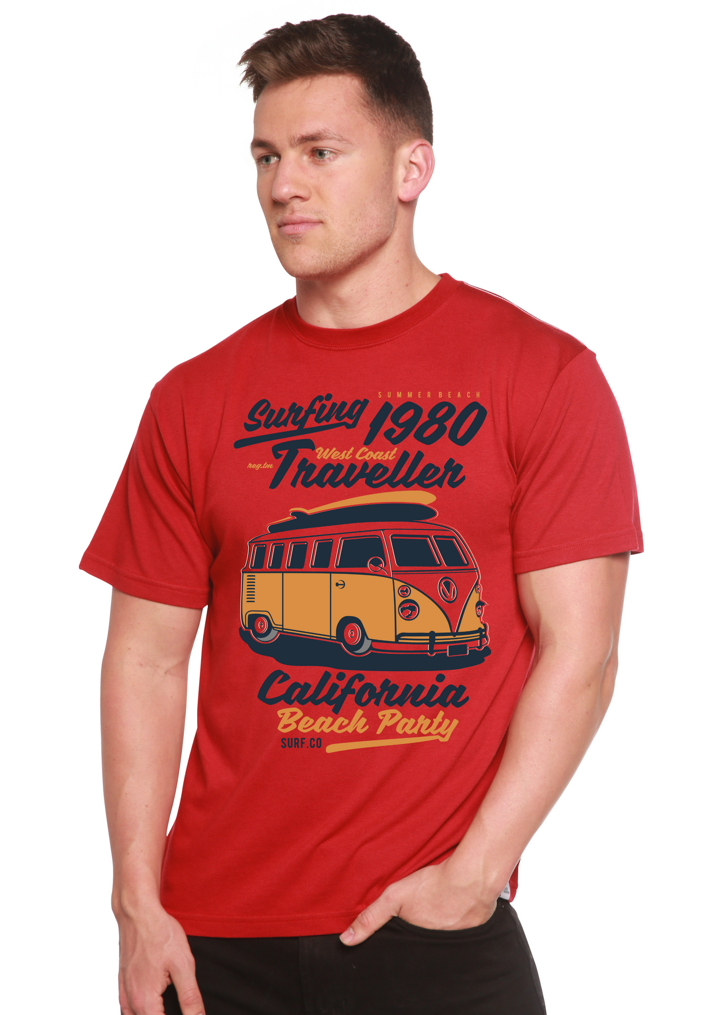 Spun Bamboo graphic tee red short sleeve with Surfing 1980 VW bus travel print on Tampa Home & Garden Store
