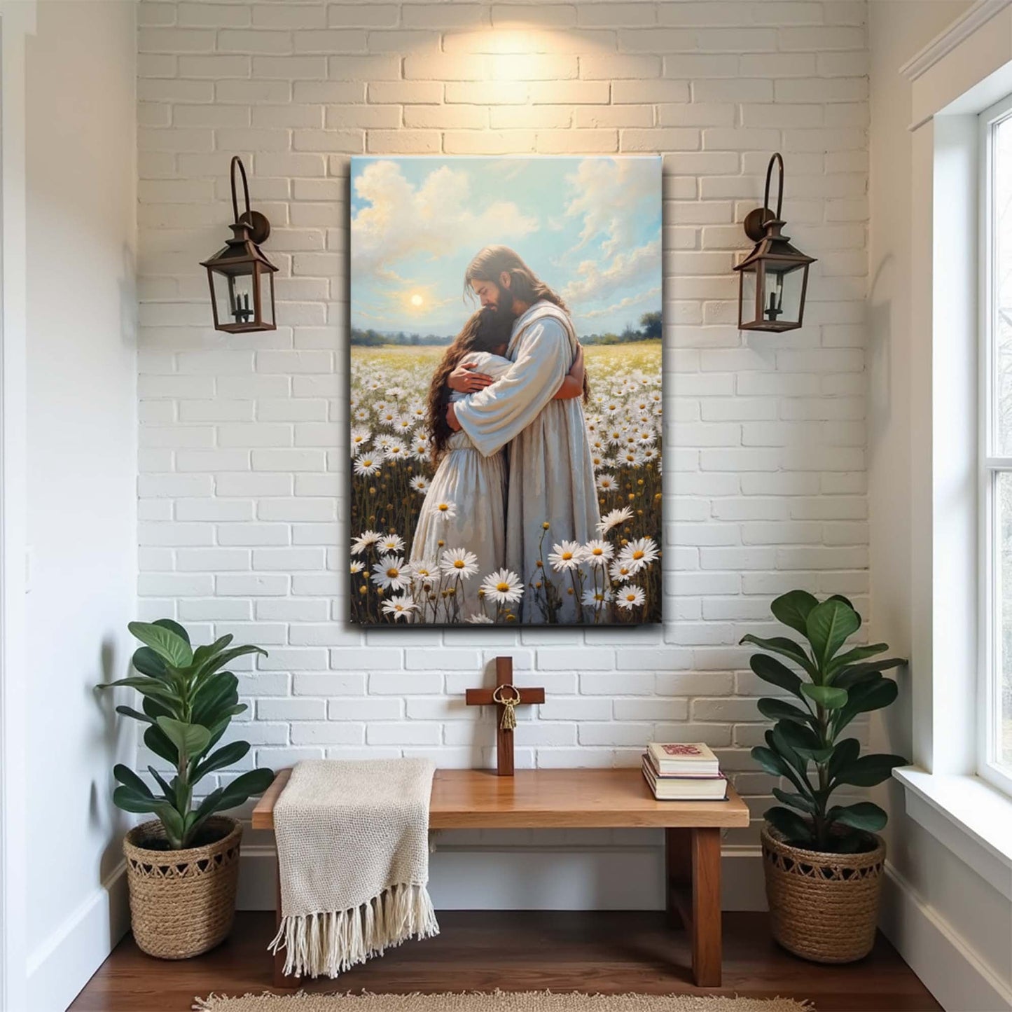 Jesus hugging woman faith wall art canvas in a field of daisies under a blue sky on Tampa Home & Garden Store