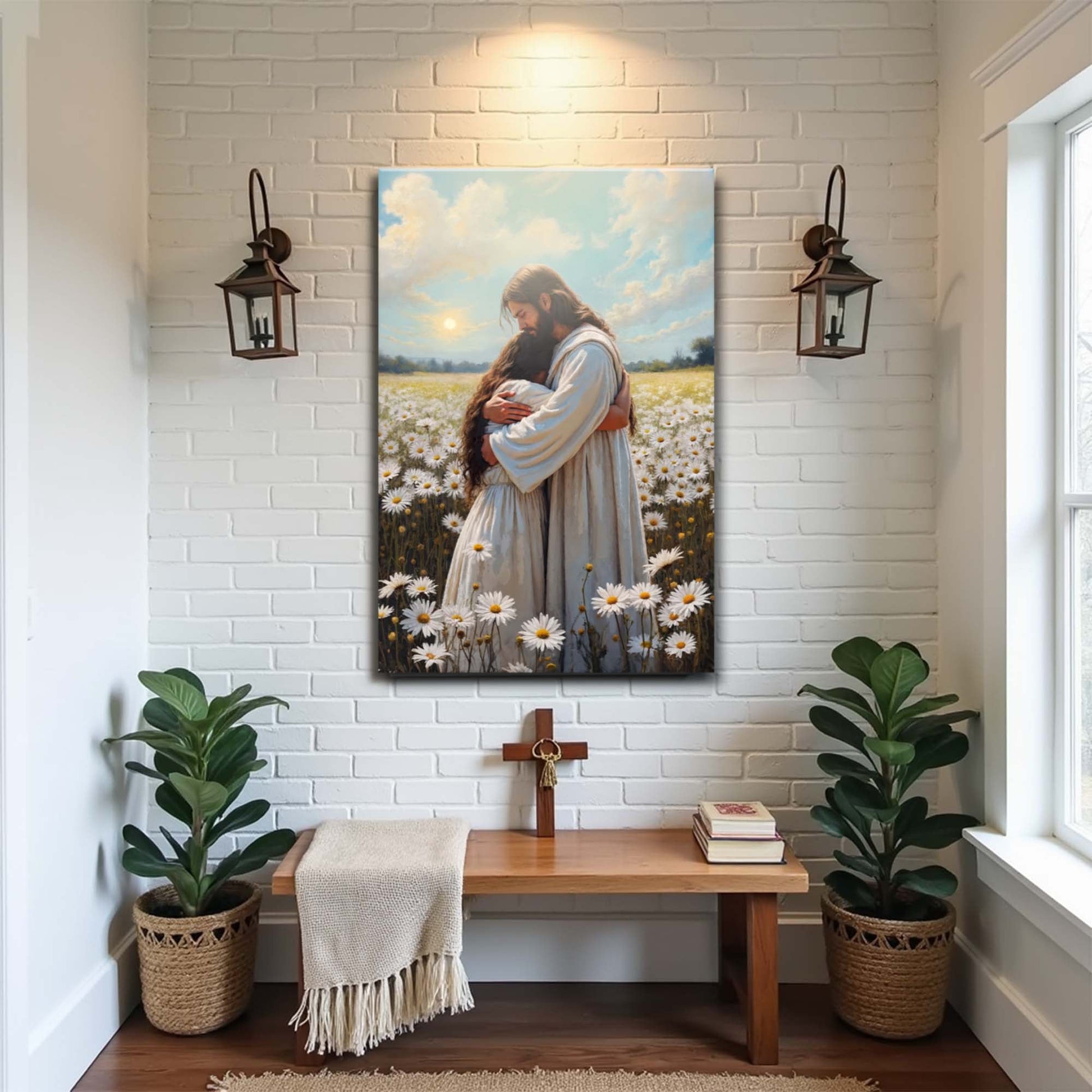 Jesus hugging woman faith wall art canvas in a field of daisies under a blue sky on Tampa Home & Garden Store