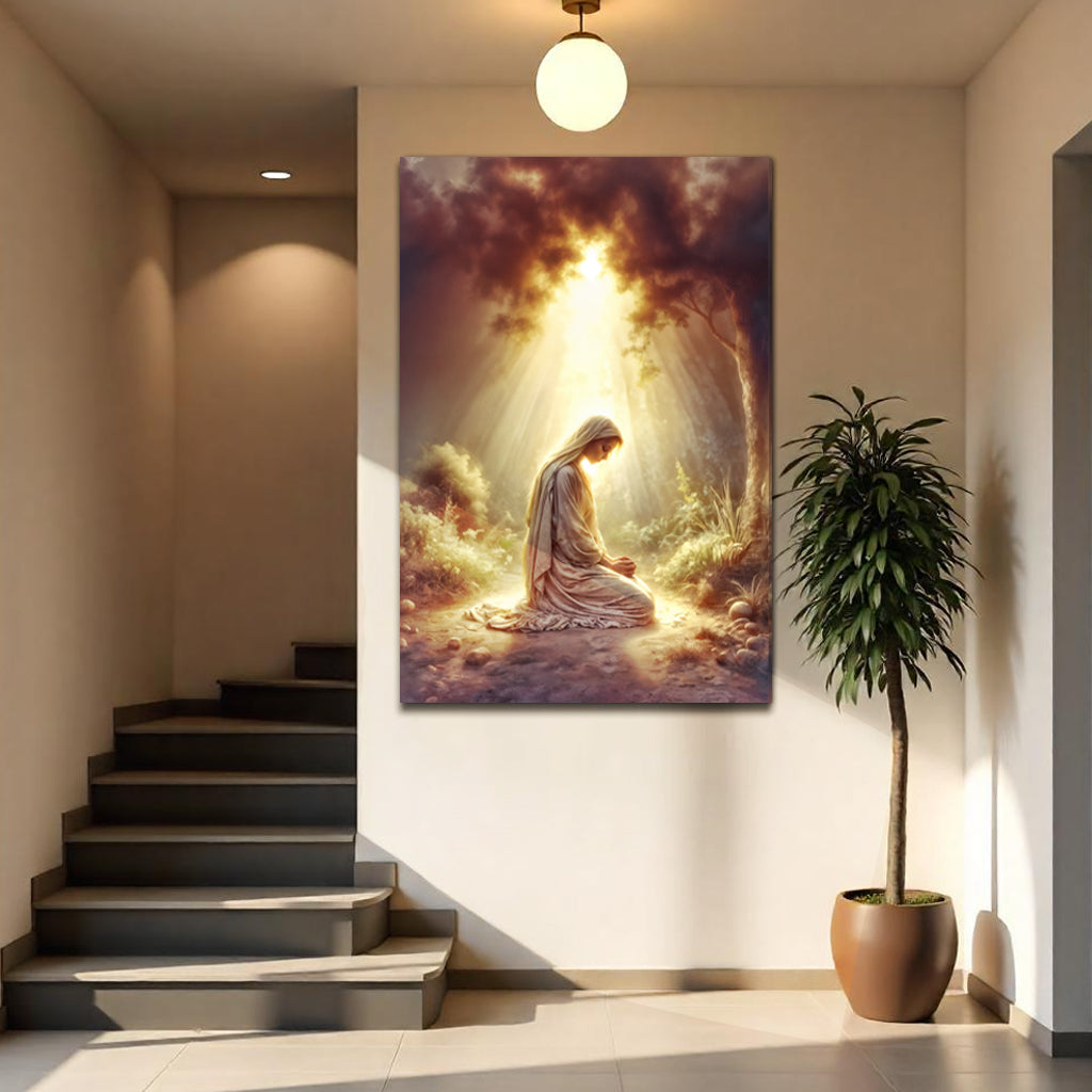 Mary Praying Faith Canvas by Tailored Canvases, serene praying figure in sunlit forest on Tampa Home & Garden Store