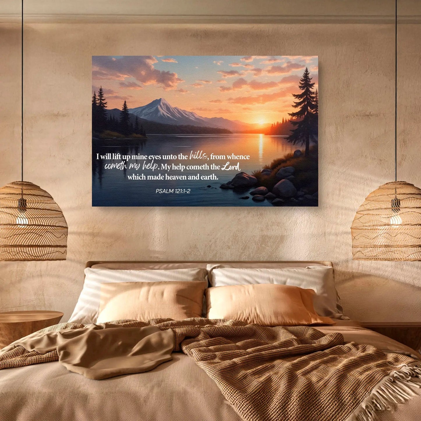Canvas wall sign Tailored Canvases crafting canvas with Psalm 121:1-2 over sunset scene on Tampa Home & Garden Store