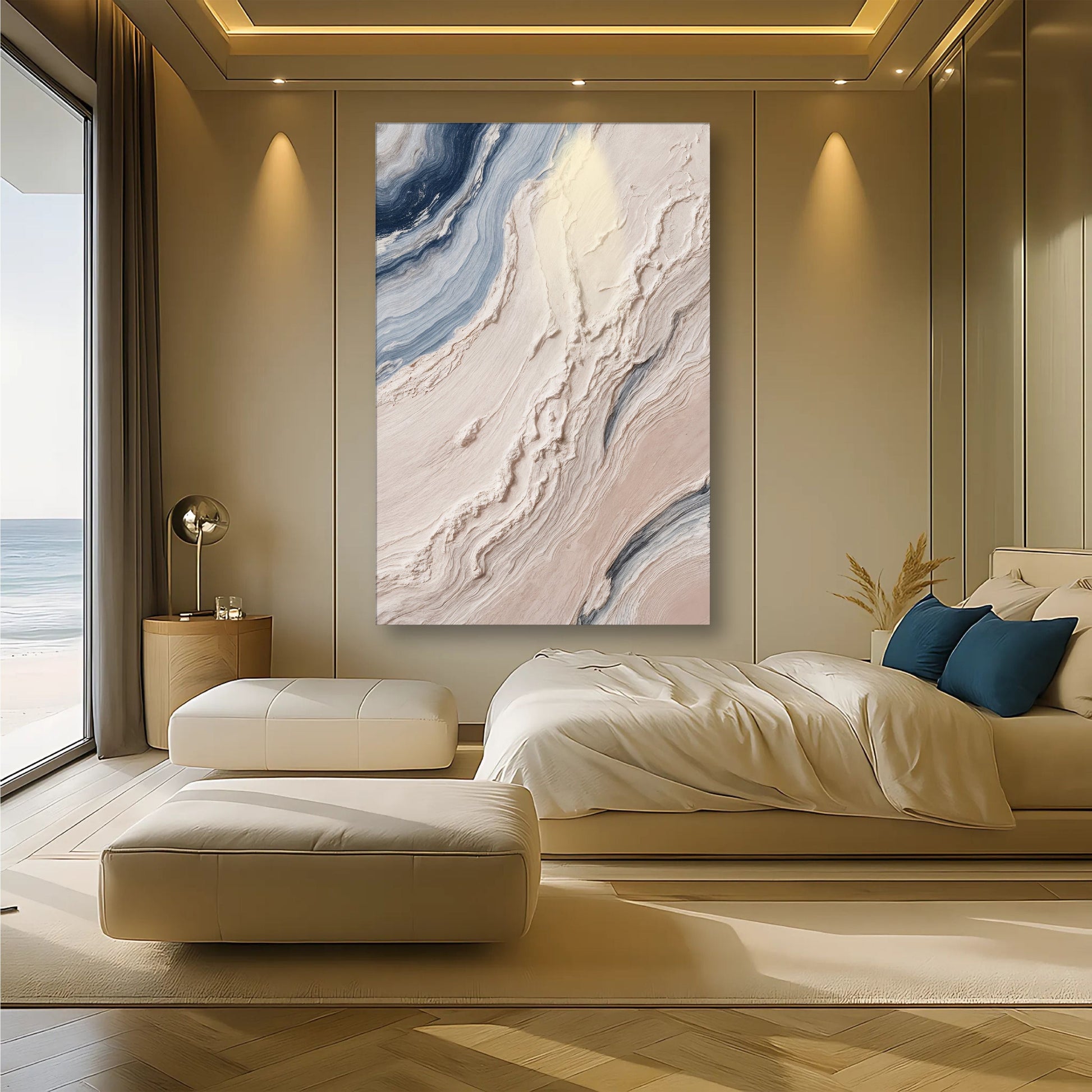 Minimalist Waves Wall Art III canvas by Tailored Canvases in blue-beige marble tones on Tampa Home & Garden Store