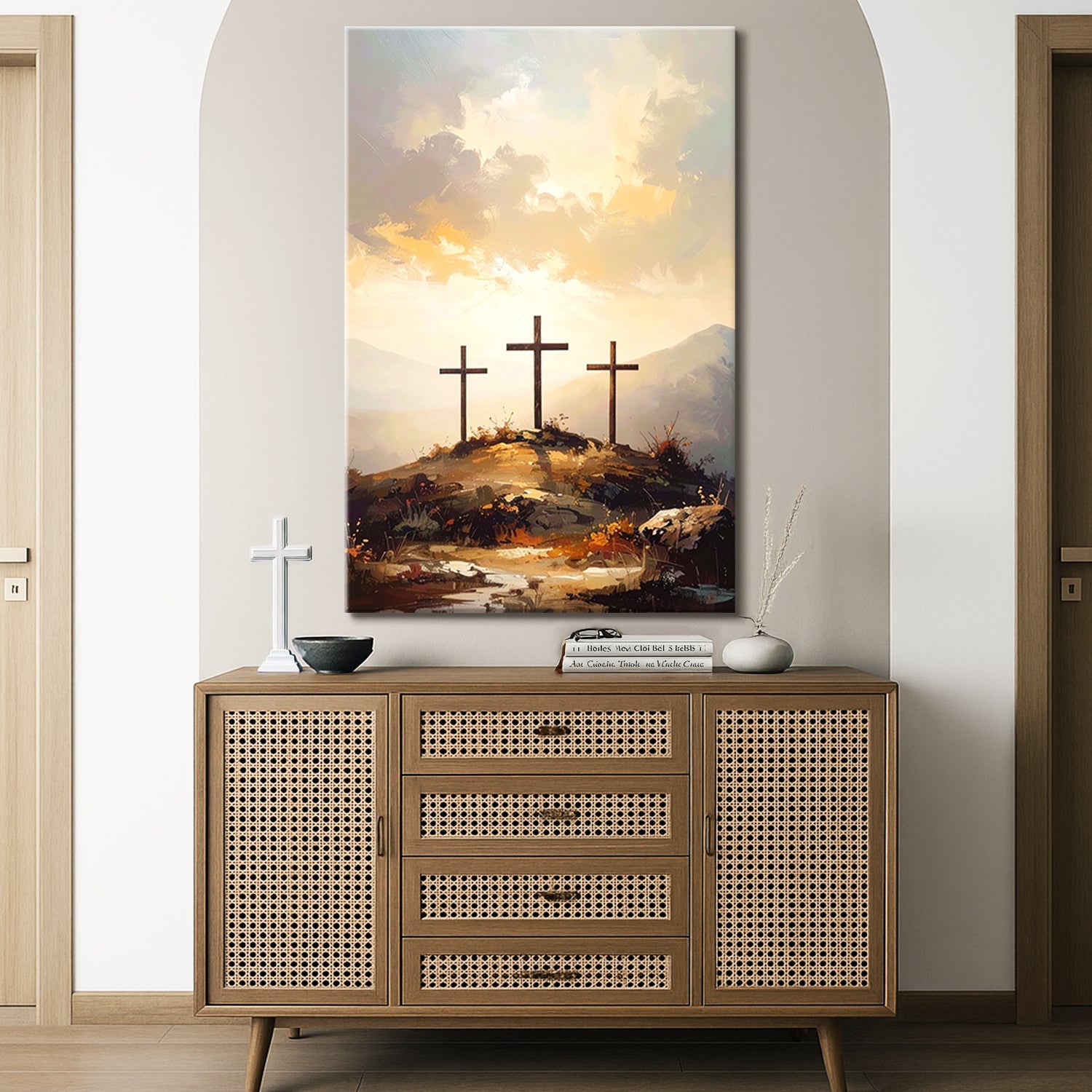 Three Crosses on Calvary Faith Wall Art canvas by Tailored Canvases, sunrise hillside scene on Tampa Home & Garden Store