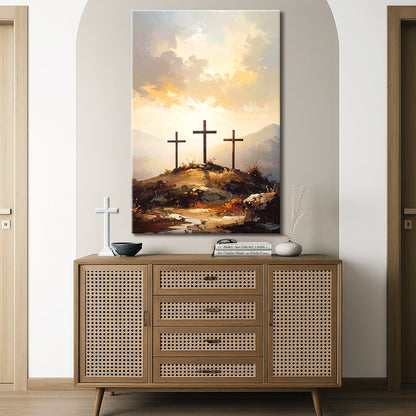 Three Crosses on Calvary Faith Wall Art canvas by Tailored Canvases, sunrise hillside scene on Tampa Home & Garden Store