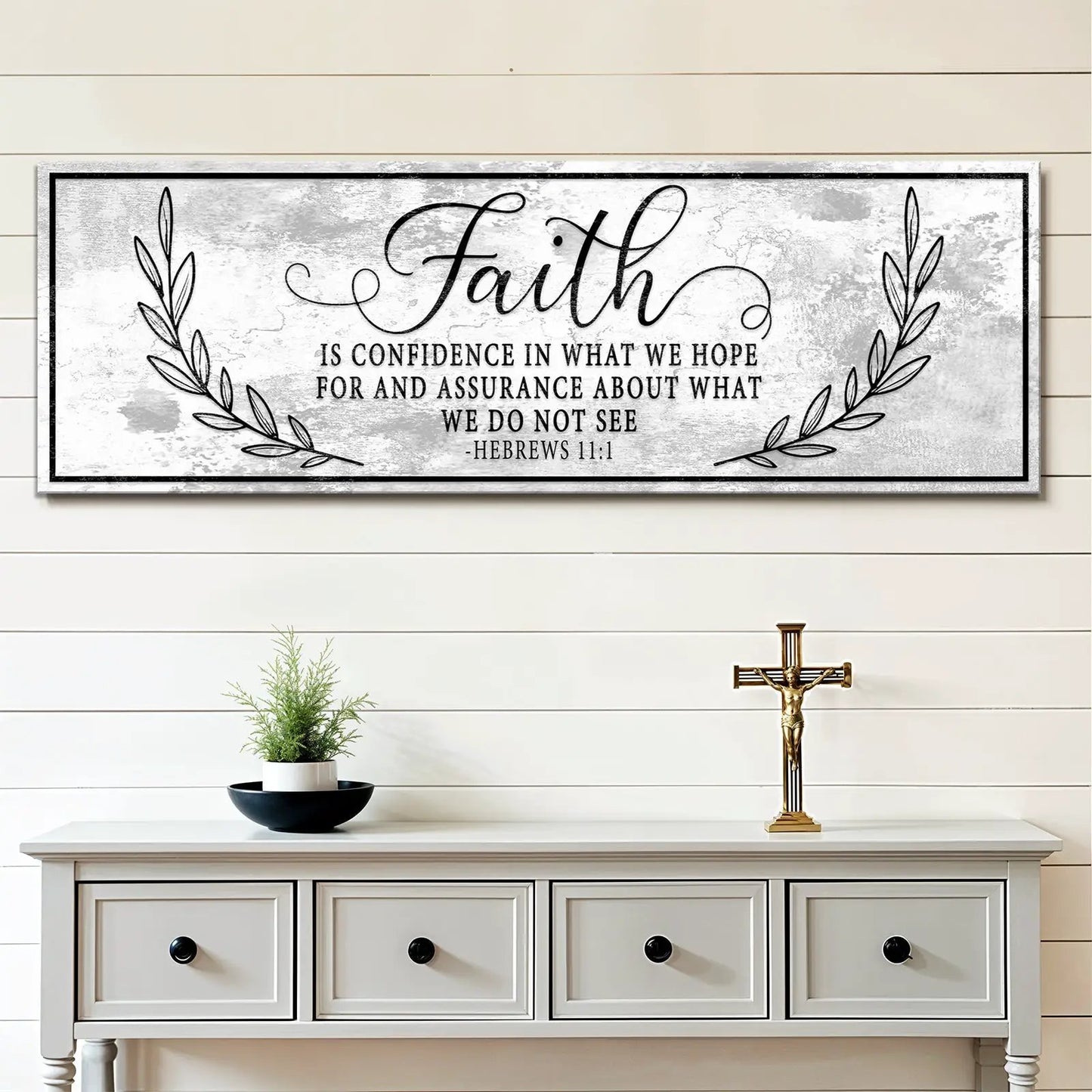 Faith Is Confidence - Hebrews 11:1 Faith Sign II canvas; gray backdrop, black script, laurel accents on Tampa Home & Garden Store
