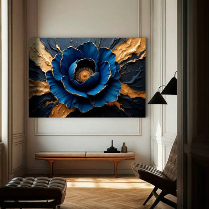 Sapphire Bloom Wall Art canvas with a striking blue flower and gold accents on Tampa Home & Garden Store