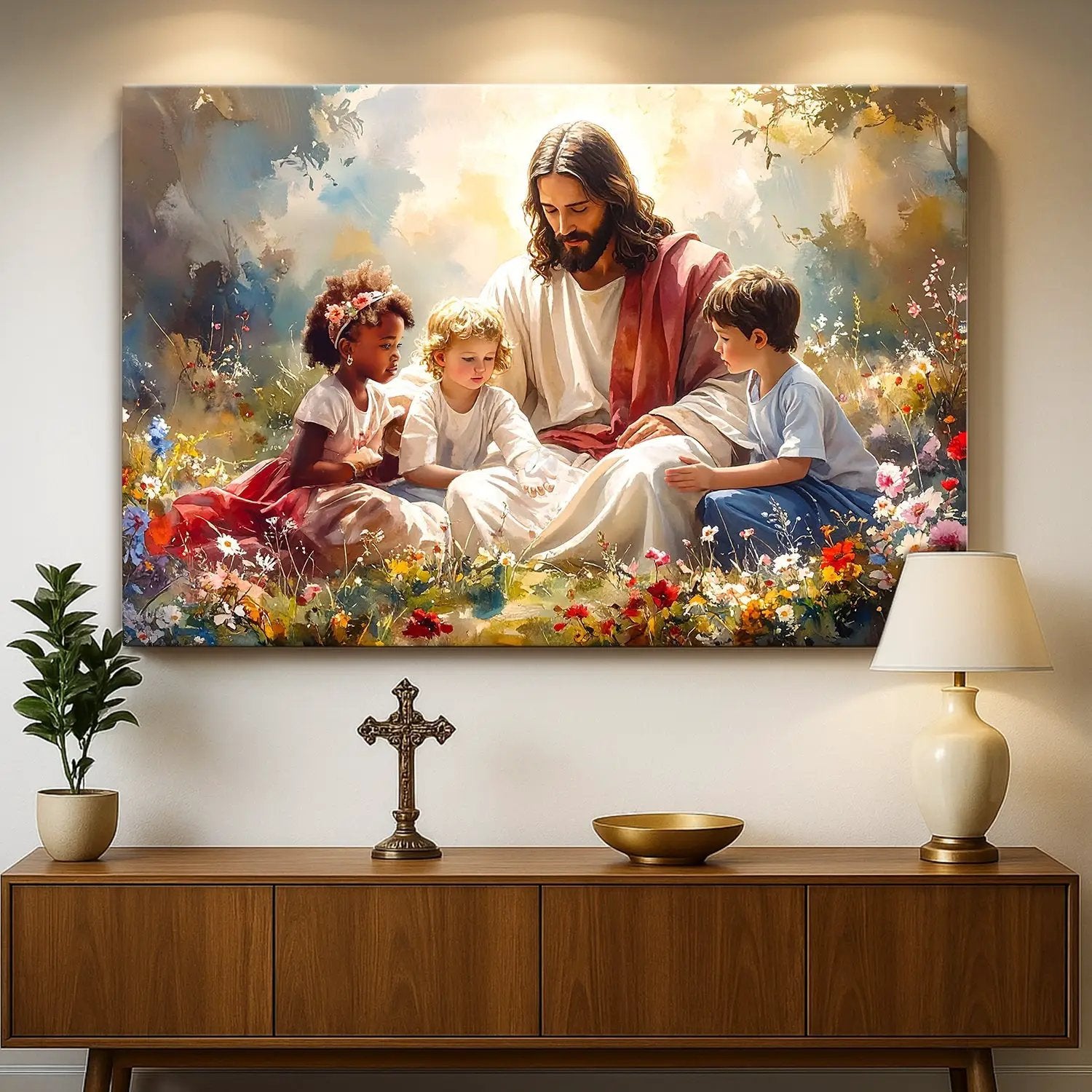 Canvas wall art Jesus With Children Faith Wall Art VIII Tailored Canvases colorful floral scene on Tampa Home & Garden Store