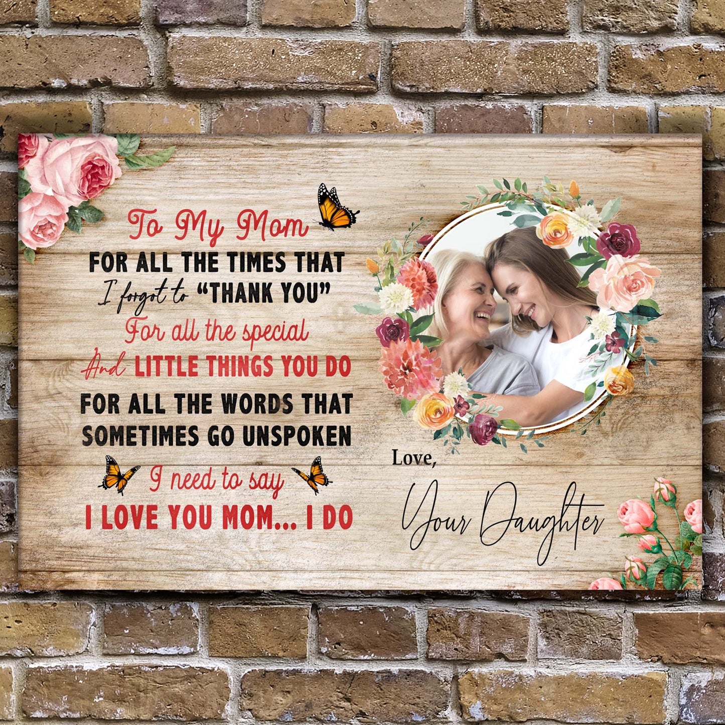 Canvas Mother's Day sign To My Mom with pink roses and butterfly on wood background on Tampa Home & Garden Store