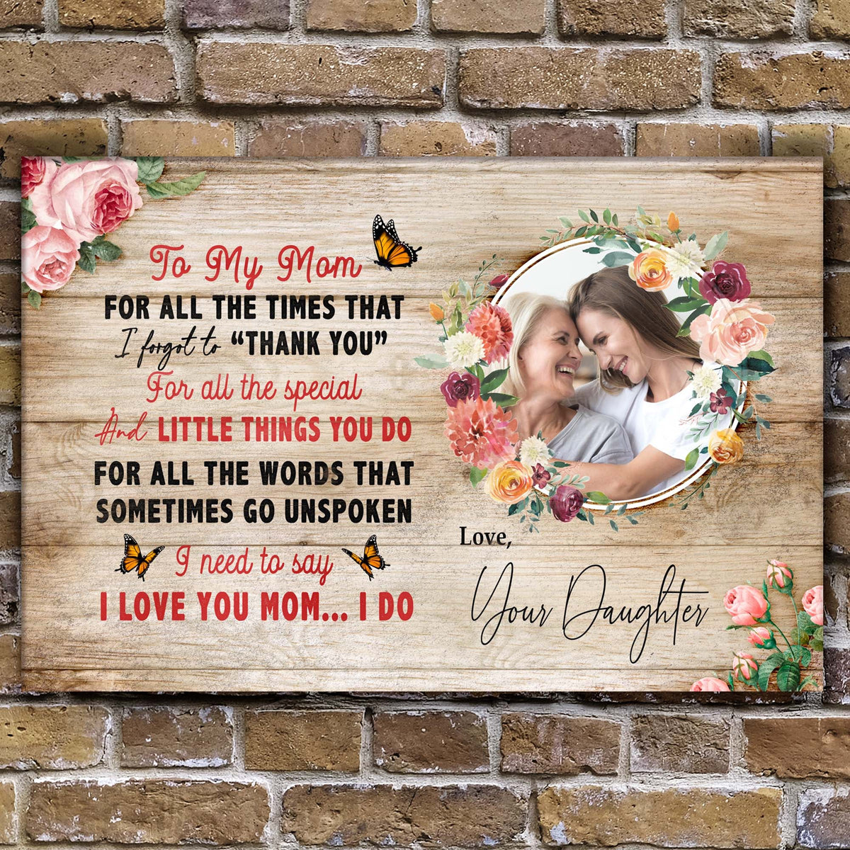 Canvas Mother's Day sign To My Mom with pink roses and butterfly on wood background on Tampa Home & Garden Store