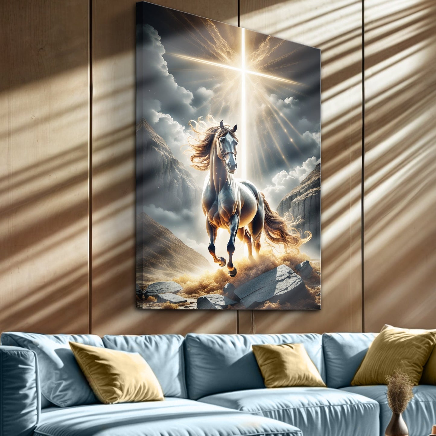 Canvas art 3D Horse Faith Wall Art II by Tailored Canvases, white horse under radiant cross on Tampa Home & Garden Store