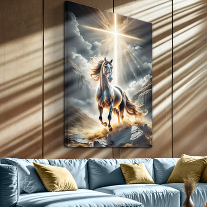 Canvas art 3D Horse Faith Wall Art II by Tailored Canvases, white horse under radiant cross on Tampa Home & Garden Store