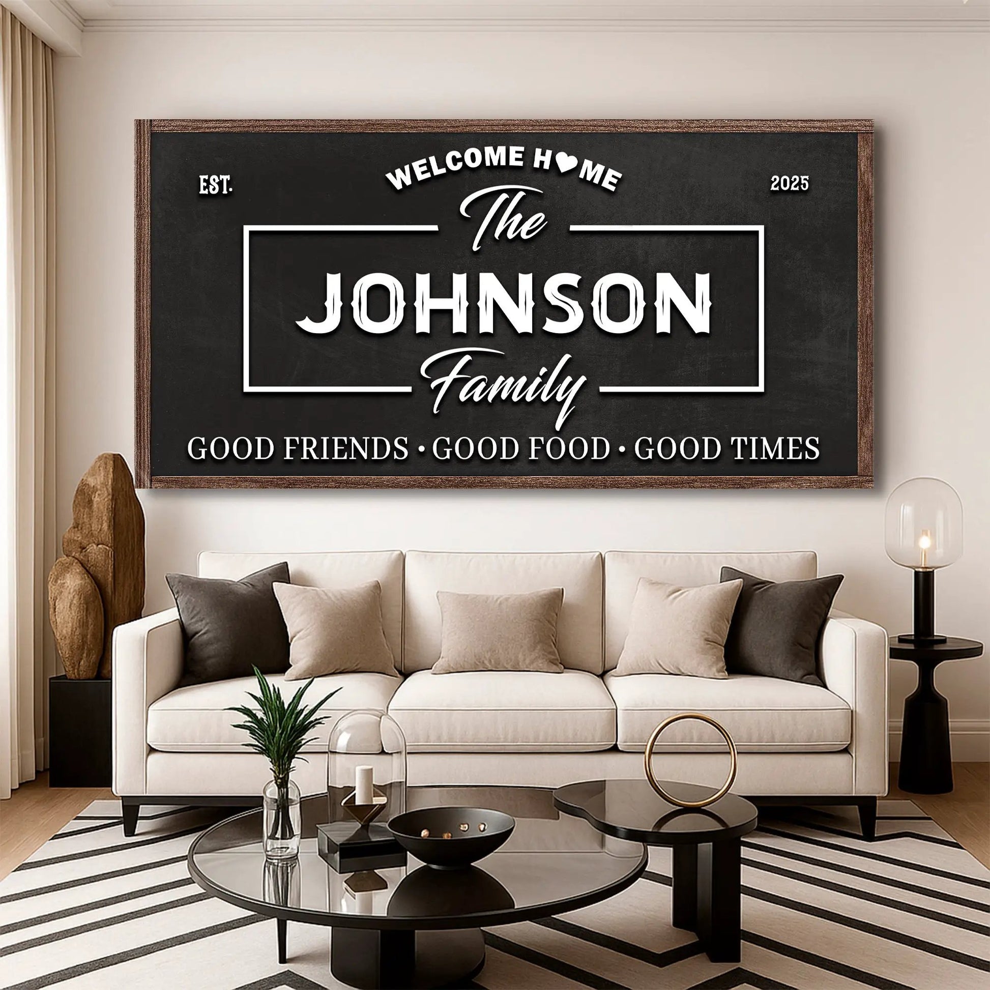 Welcome Home Wall Sign black chalkboard with white typography, wood frame Tailored Canvases on Tampa Home & Garden Store