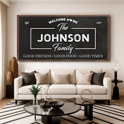 Welcome Home Wall Sign black chalkboard with white typography, wood frame Tailored Canvases on Tampa Home & Garden Store