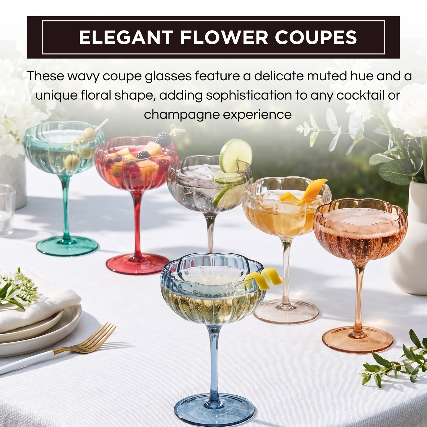 Muted Floral Coupe Cocktail Glasses Set of 6