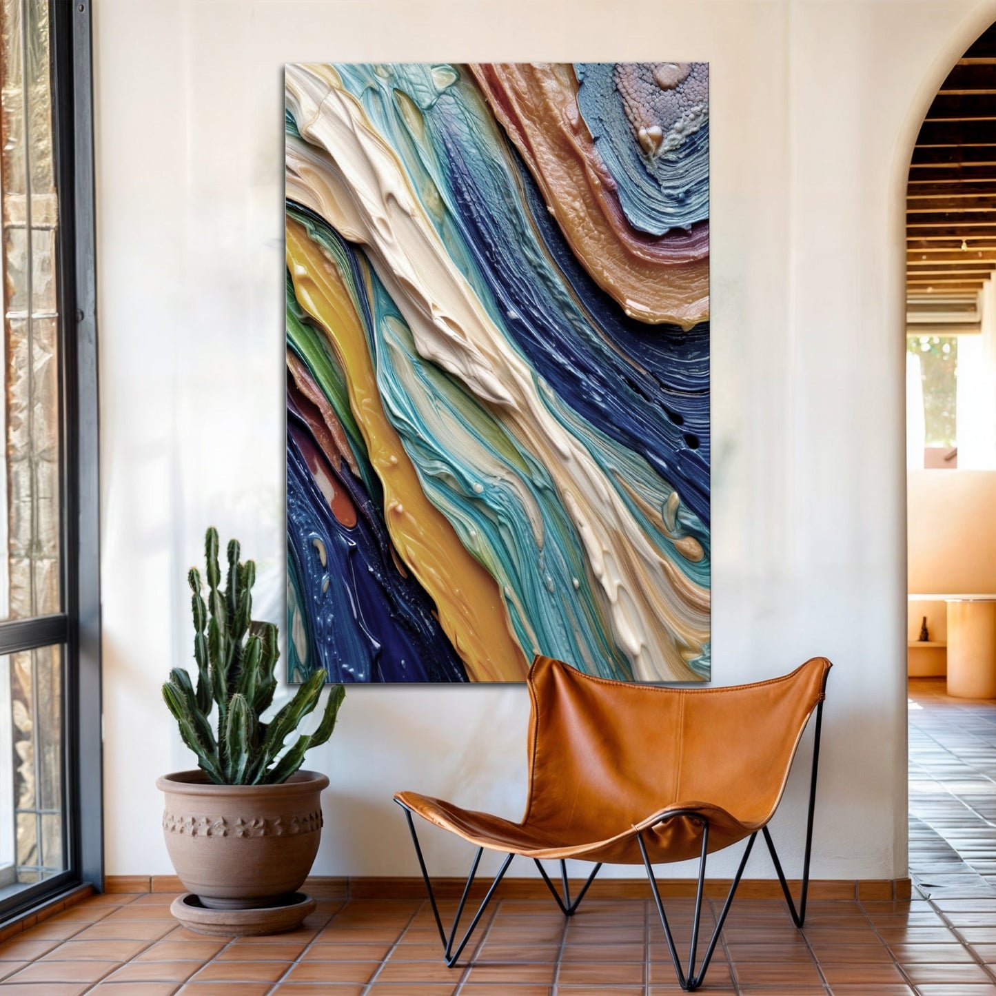 Ocean Waves Wall Art canvas with bold multicolor swirling textures in teal, blue, and gold on Tampa Home & Garden Store