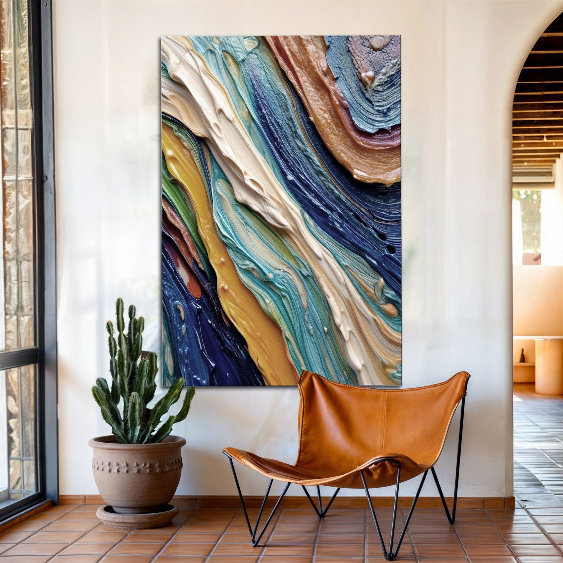 Ocean Waves Wall Art canvas with bold multicolor swirling textures in teal, blue, and gold on Tampa Home & Garden Store