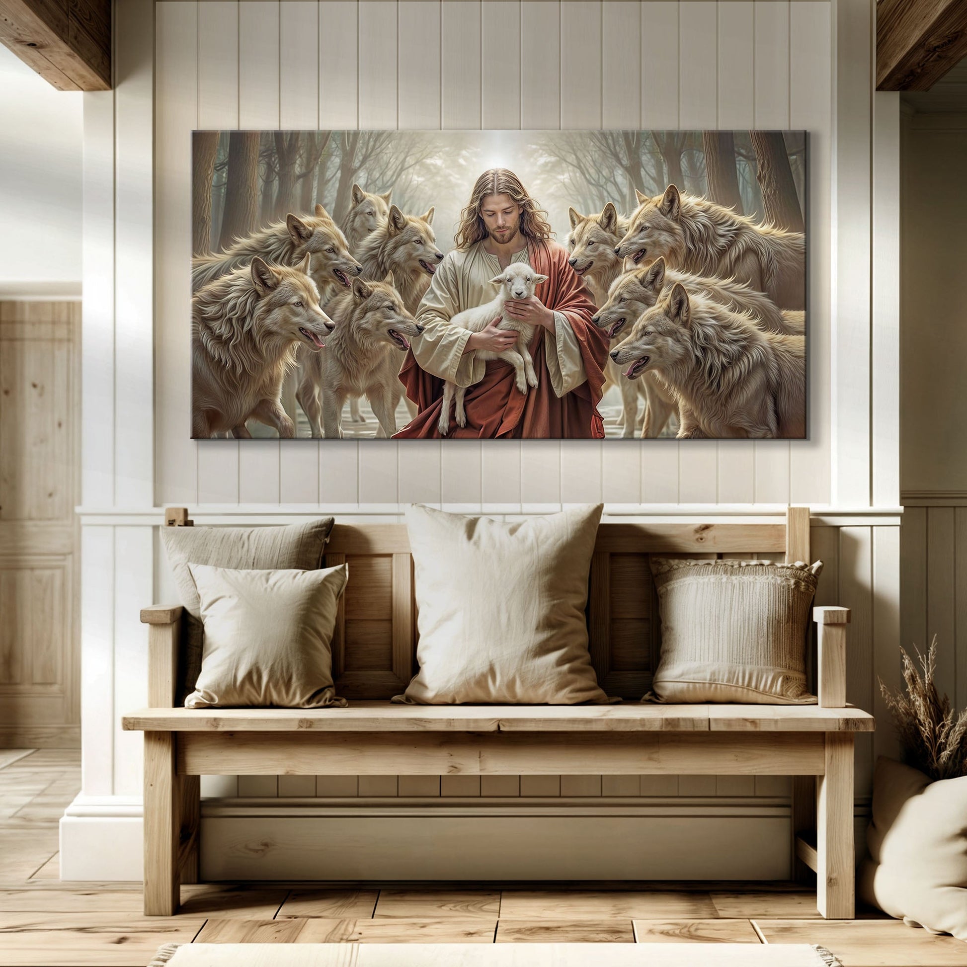 Tailored Canvases Faith Wall Art II canvas Jesus with lamb among wolves in warm beige tones on Tampa Home & Garden Store