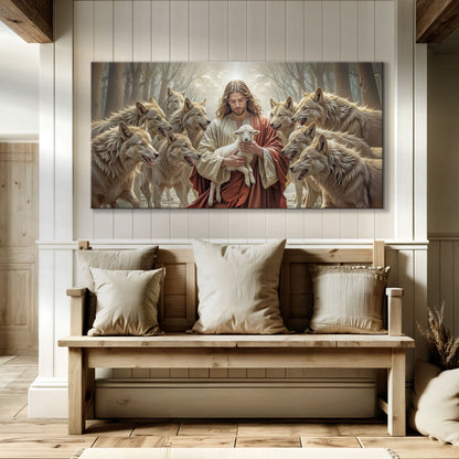 Tailored Canvases Faith Wall Art II canvas Jesus with lamb among wolves in warm beige tones on Tampa Home & Garden Store