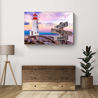 Lighthouse Family Names Sign Canvas Tailored Canvases red lighthouse and signpost names on Tampa Home & Garden Store