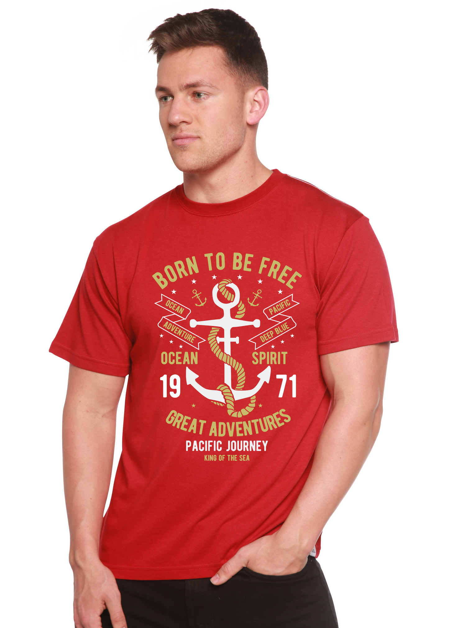 Born To Be Free men's red graphic T-shirt in bamboo viscose/organic cotton by Spun Bamboo on Tampa Home & Garden Store