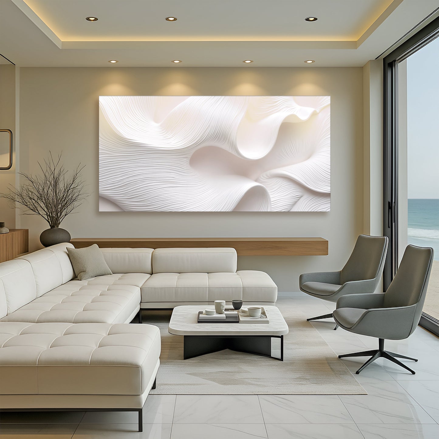 Minimalist Waves Wall Art II canvas by Tailored Canvases; white wave design in modern room on Tampa Home & Garden Store