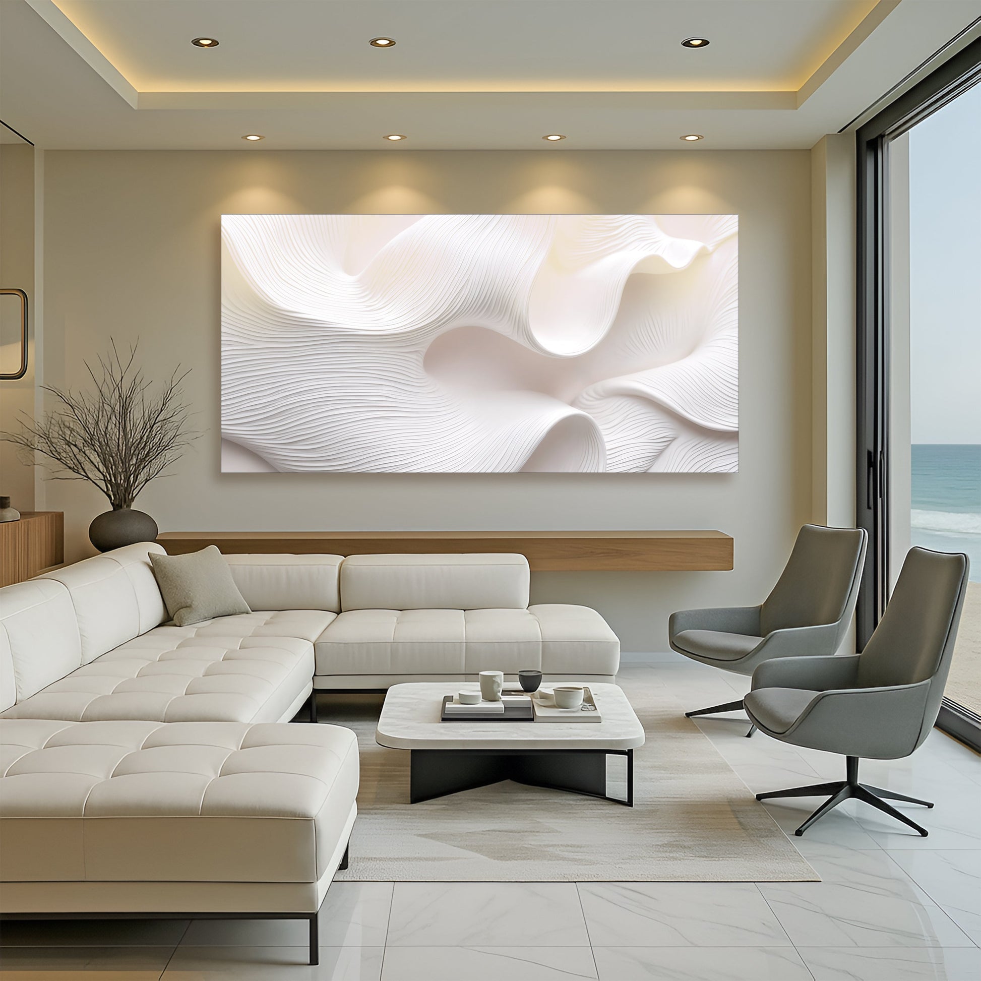 Minimalist Waves Wall Art II canvas by Tailored Canvases; white wave design in modern room on Tampa Home & Garden Store
