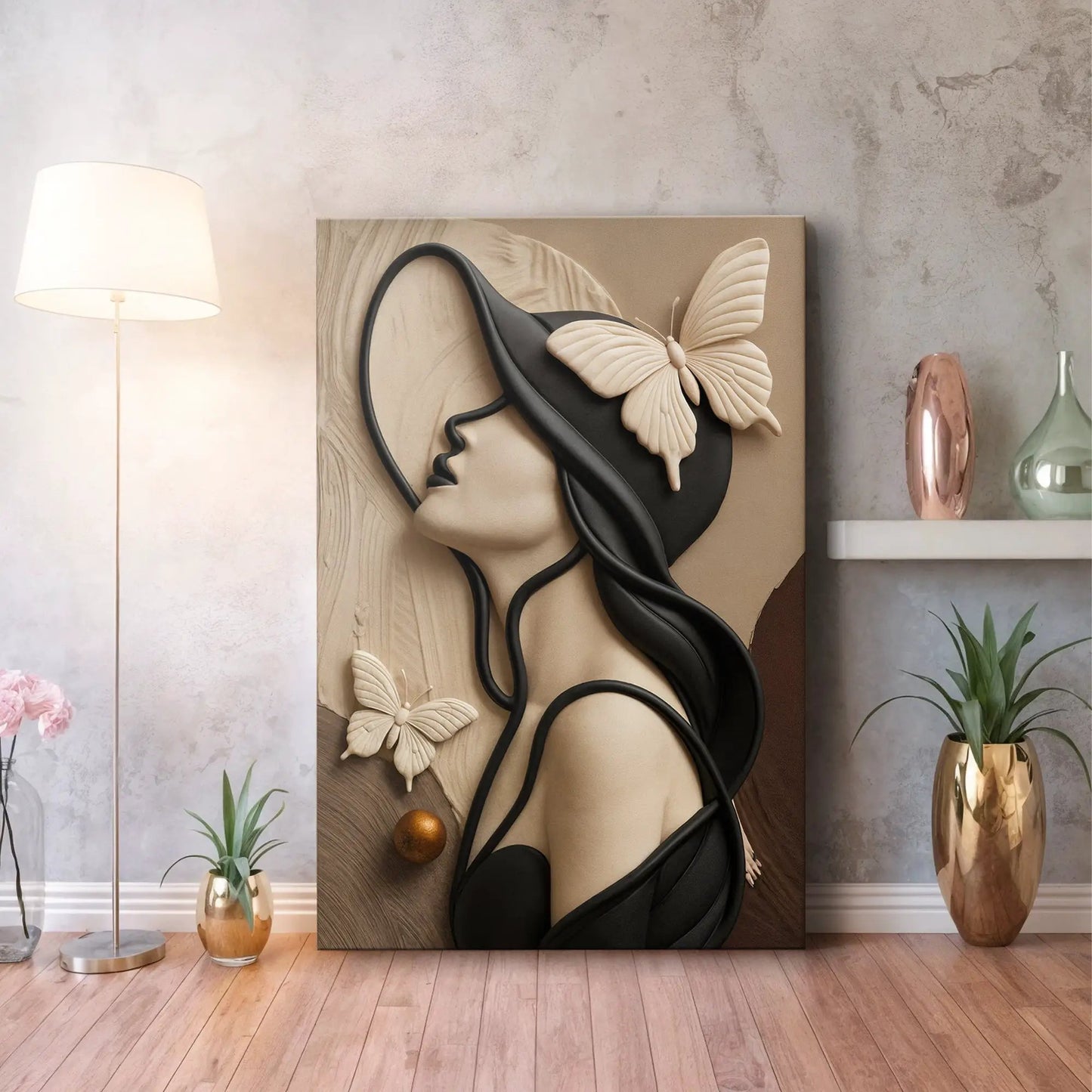 Canvas wall art Woman's Delicate Lines by Tailored Canvases with beige butterfly and black straps on Tampa Home & Garden Store