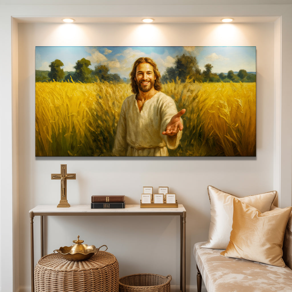Savior's Invitation Faith Wall Art II canvas featuring golden wheat field and robed figure on Tampa Home & Garden Store