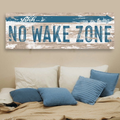 No Wake Zone Canvas sign on distressed wood with bold blue letters and arrow Tailored Canvases on Tampa Home & Garden Store