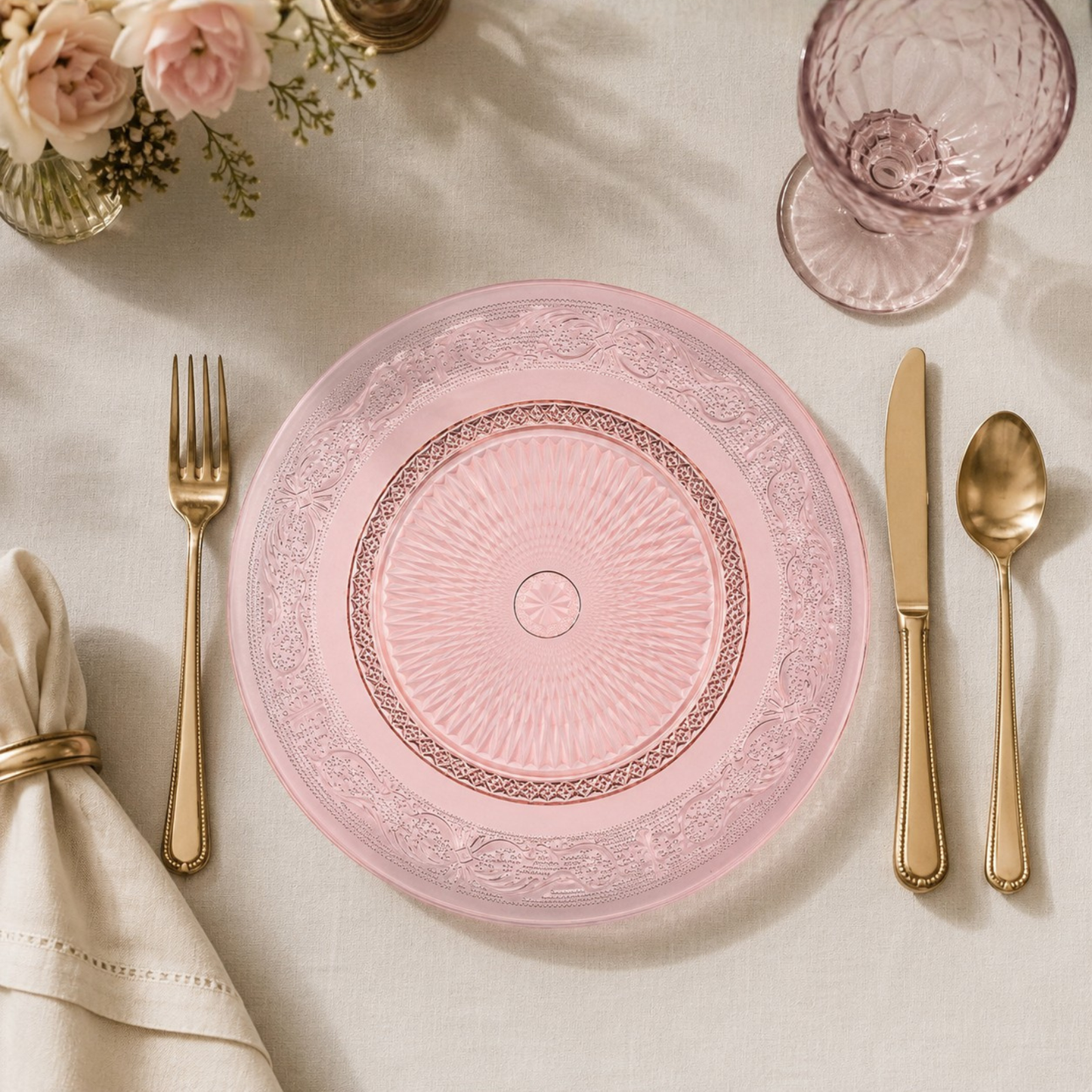 Blush Vintage Glass Plates and a Set of Six