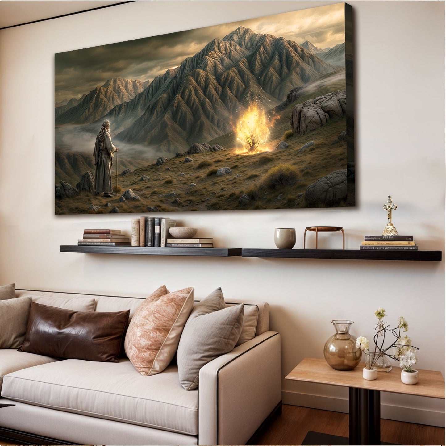 Burning Bush Faith Wall Art canvas by Tailored Canvases, fiery glow amid rugged mountains on Tampa Home & Garden Store