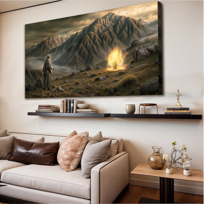 Burning Bush Faith Wall Art canvas by Tailored Canvases, fiery glow amid rugged mountains on Tampa Home & Garden Store